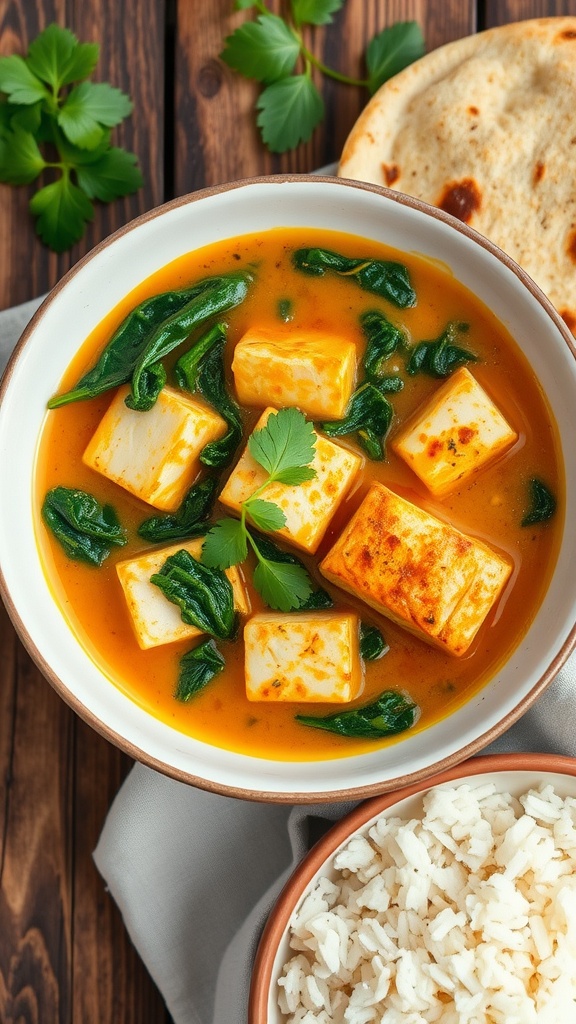 Spicy sea bass curry with spinach in a bowl, garnished with cilantro, alongside rice and naan.
